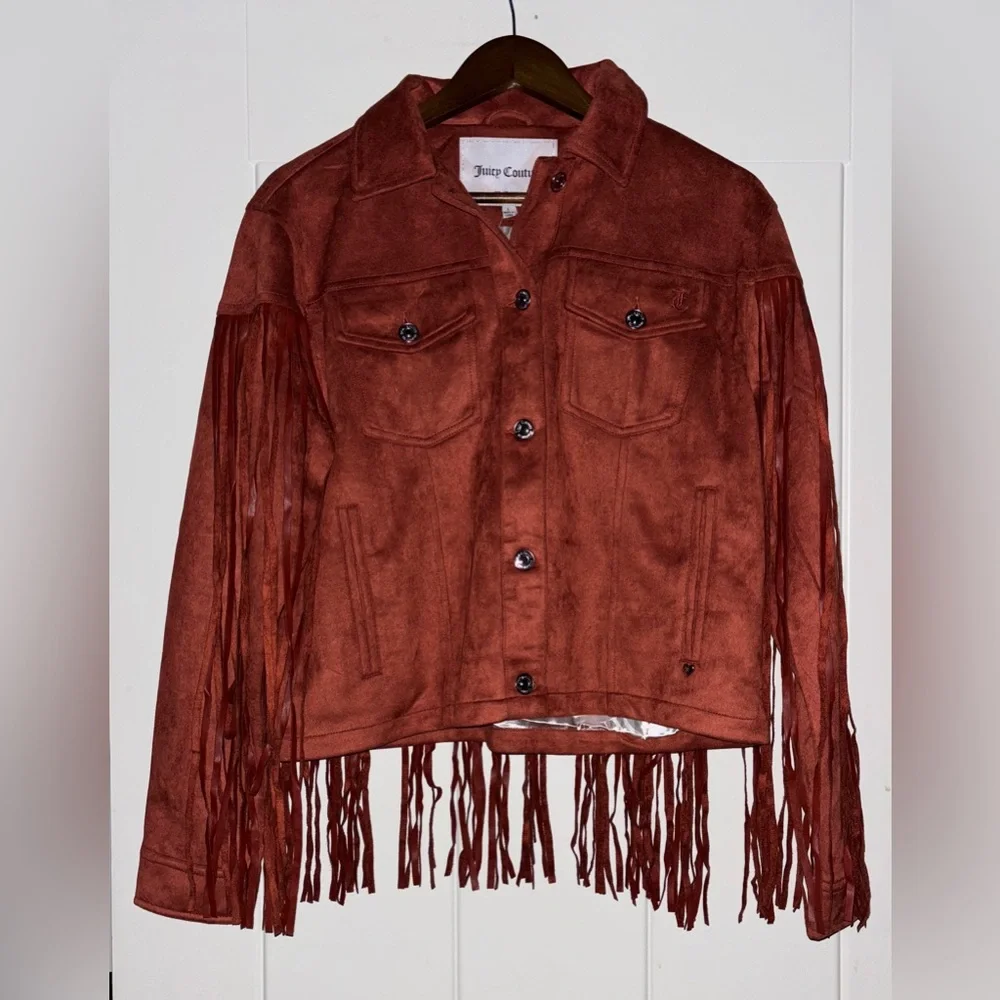 Juicy Couture Rust Faux Suede Fringe Jacket NWT‎ L Western Boho Trucker Style